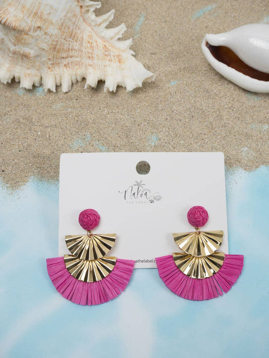 Geometric Gold & Raffia Earrings - Bubblegum Pink